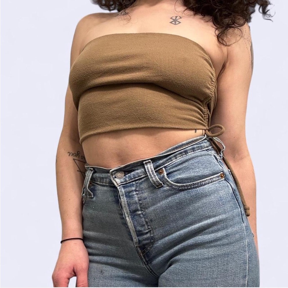 By Grace Boutique Ribbed Side-Cinch Tube Top - Olive Brown M